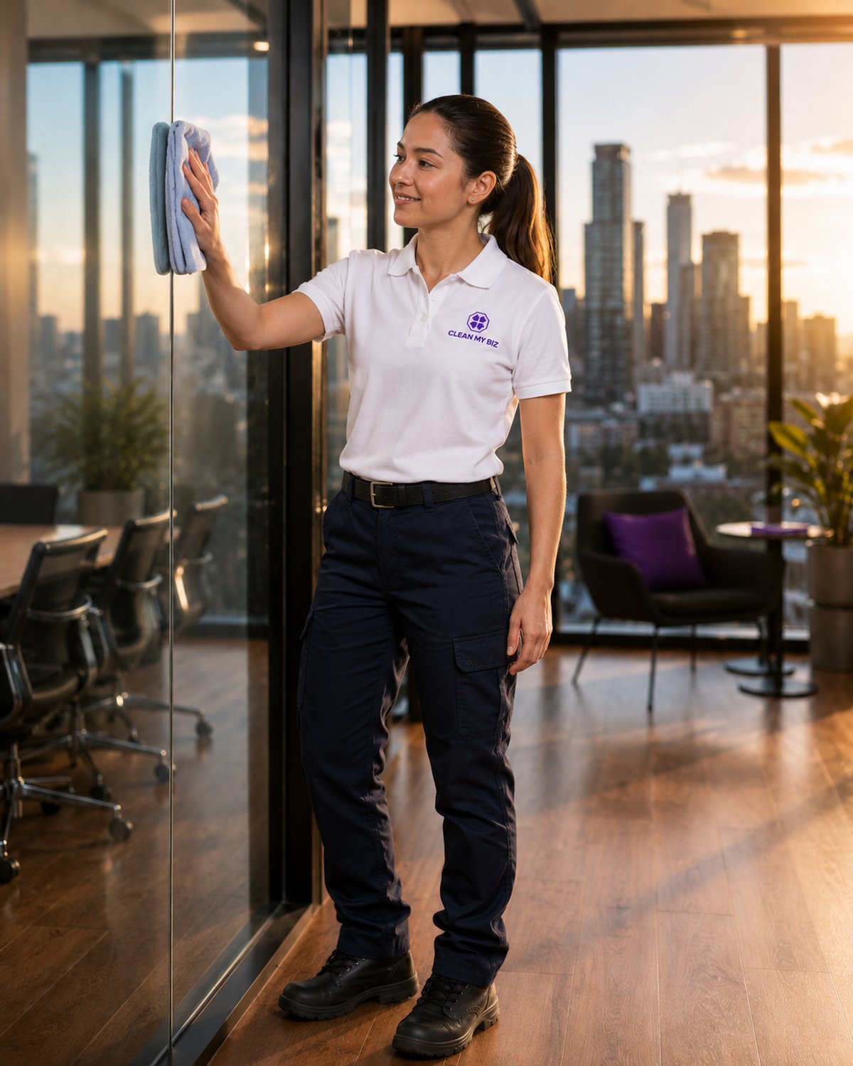 Clean My Biz commercial cleaner servicing a Melbourne CBD office at dusk, polishing floor-to-ceiling windows with the city skyline behind.