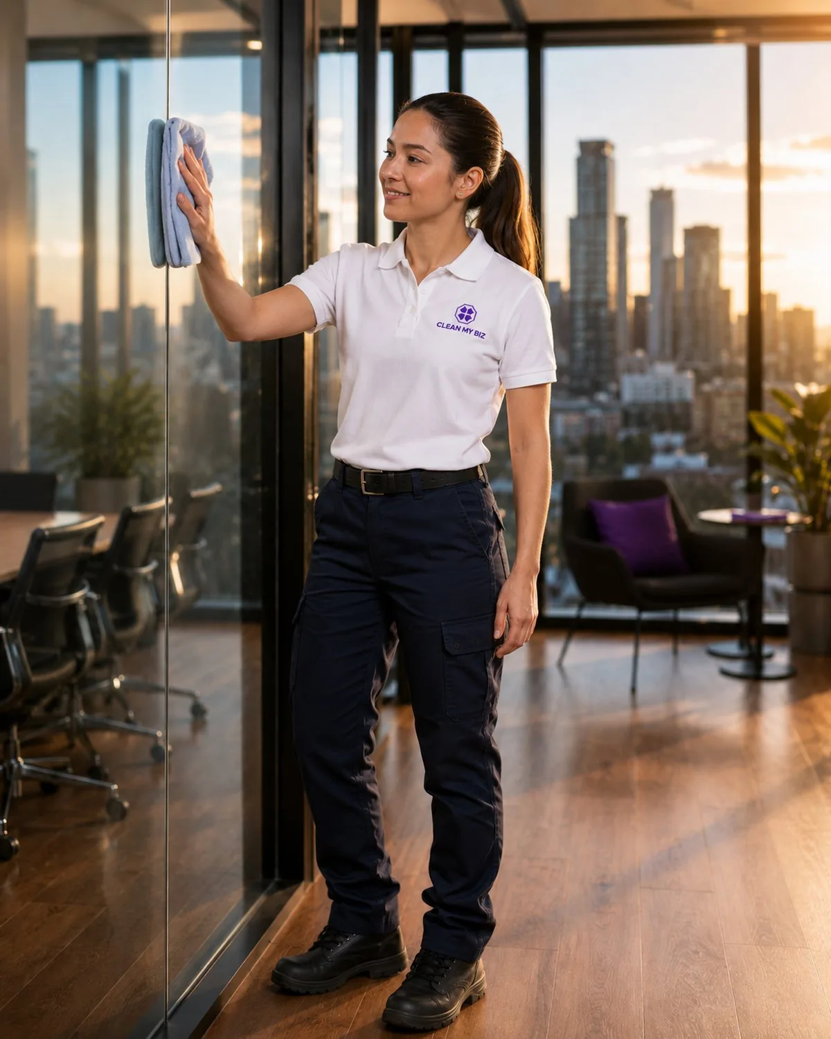 Clean My Biz commercial cleaner servicing a Melbourne CBD office at dusk, polishing floor-to-ceiling windows with the city skyline behind.