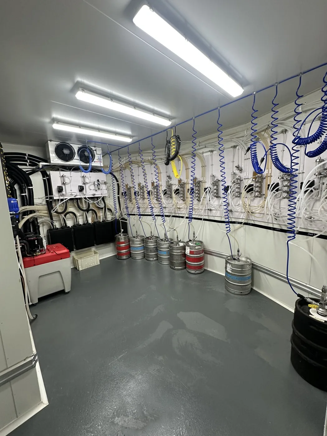 The keg cool room after the clean, cleared and with kegs connected along the wall