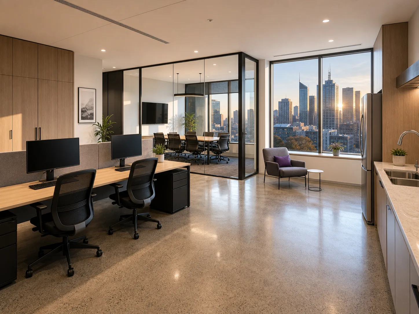 Modern Melbourne office interior with desks, a meeting room and city views