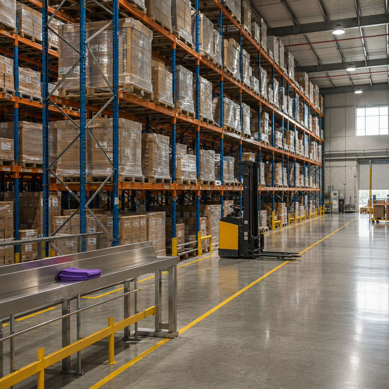 Melbourne industrial warehouse interior with pallet racking, polished concrete floor, and Clean My Biz microfibre cloth on a stainless work bench.