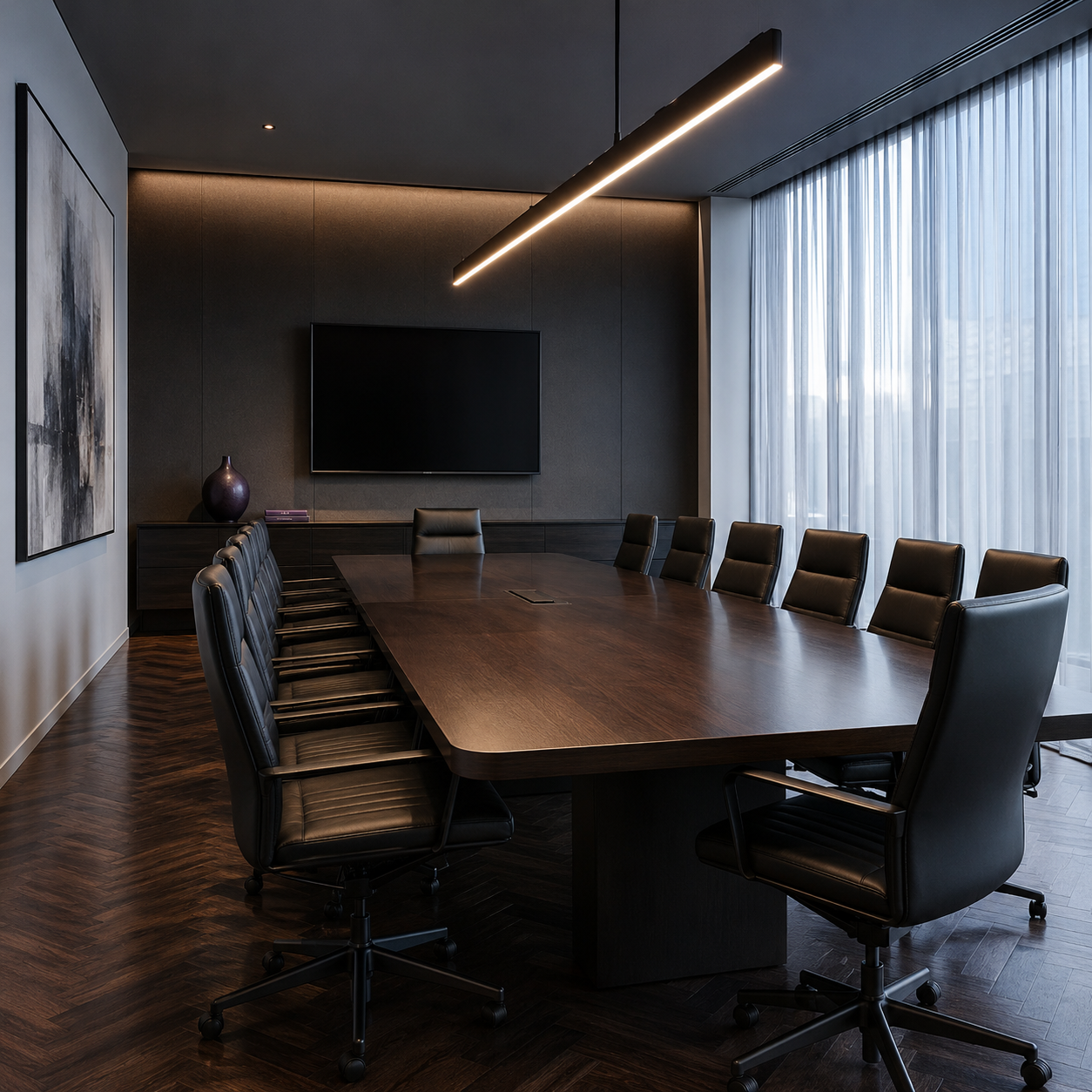 Premium Melbourne corporate executive boardroom with walnut table, leather chairs, and sheer curtains diffusing daylight.