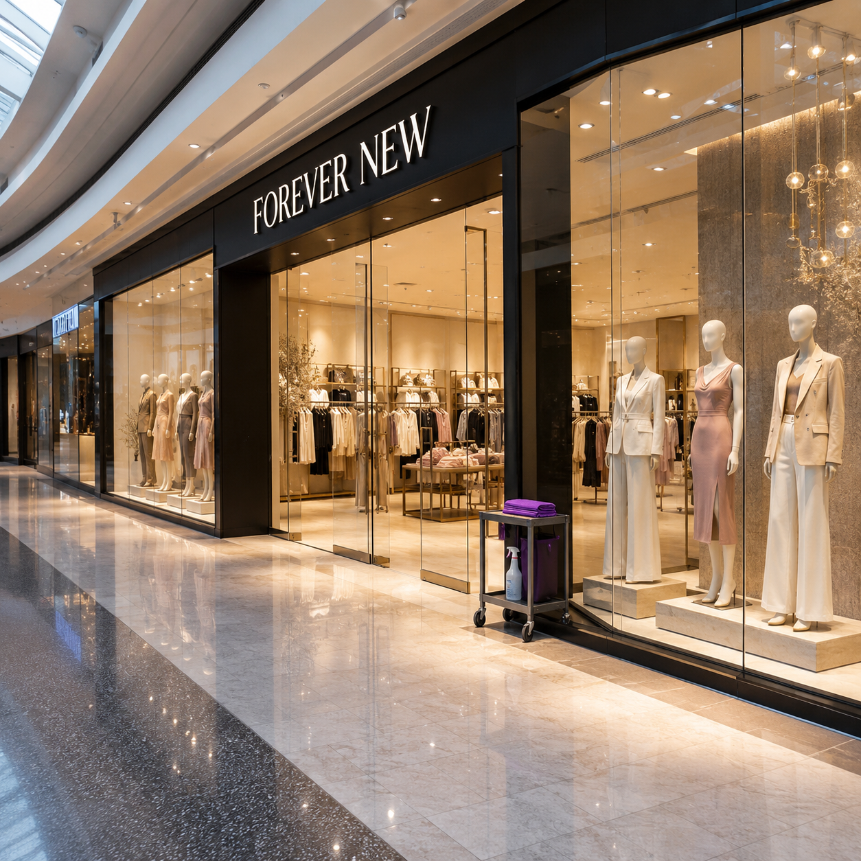 Forever New retail storefront in a Melbourne shopping centre with mannequin window displays and polished marble flooring.