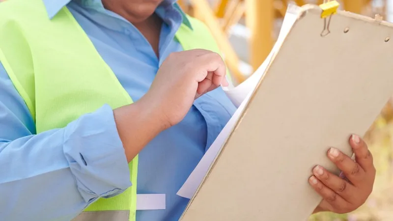 Worker in a hi-vis vest paging through paperwork on a clipboard at a construction site