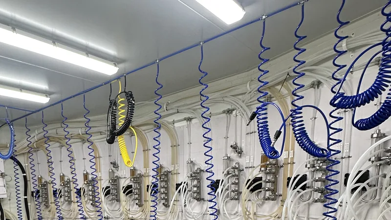 The keg cool room of a Melbourne hospitality venue after its end-of-construction clean, with coiled gas lines and beer line fittings along the wall