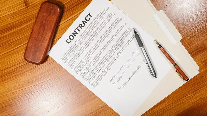 Contract document laid out on a wooden desk with two pens and a folder, awaiting review