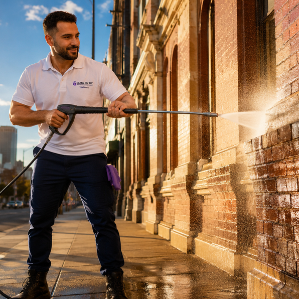 A Clean My Biz operator pressure-washing a brick Melbourne building facade in warm afternoon light.
