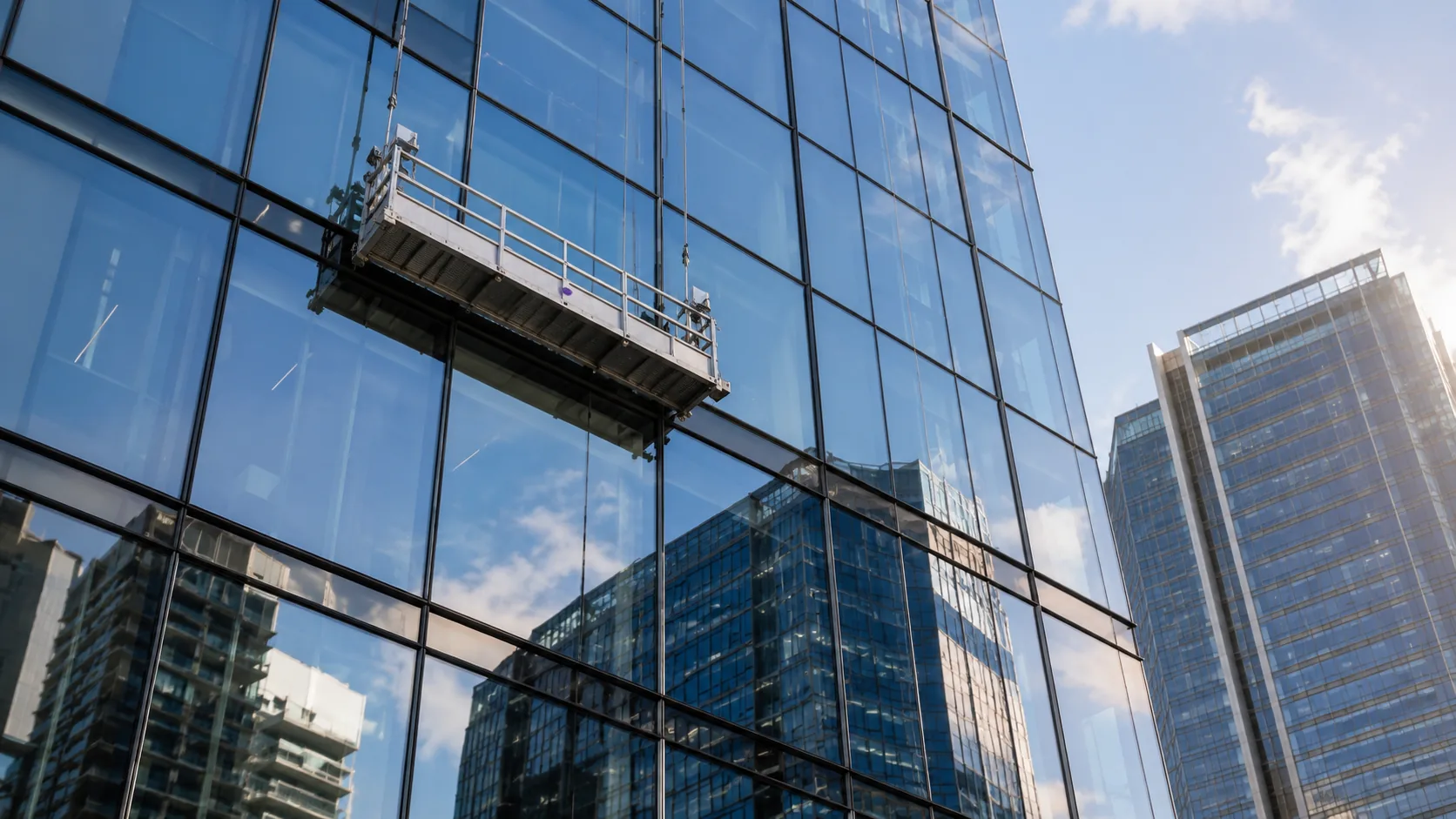 Suspended cradle cleaning the glass facade of a high-rise tower