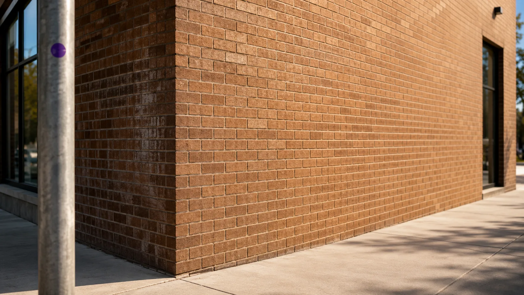 Clean brick building wall and footpath after graffiti removal