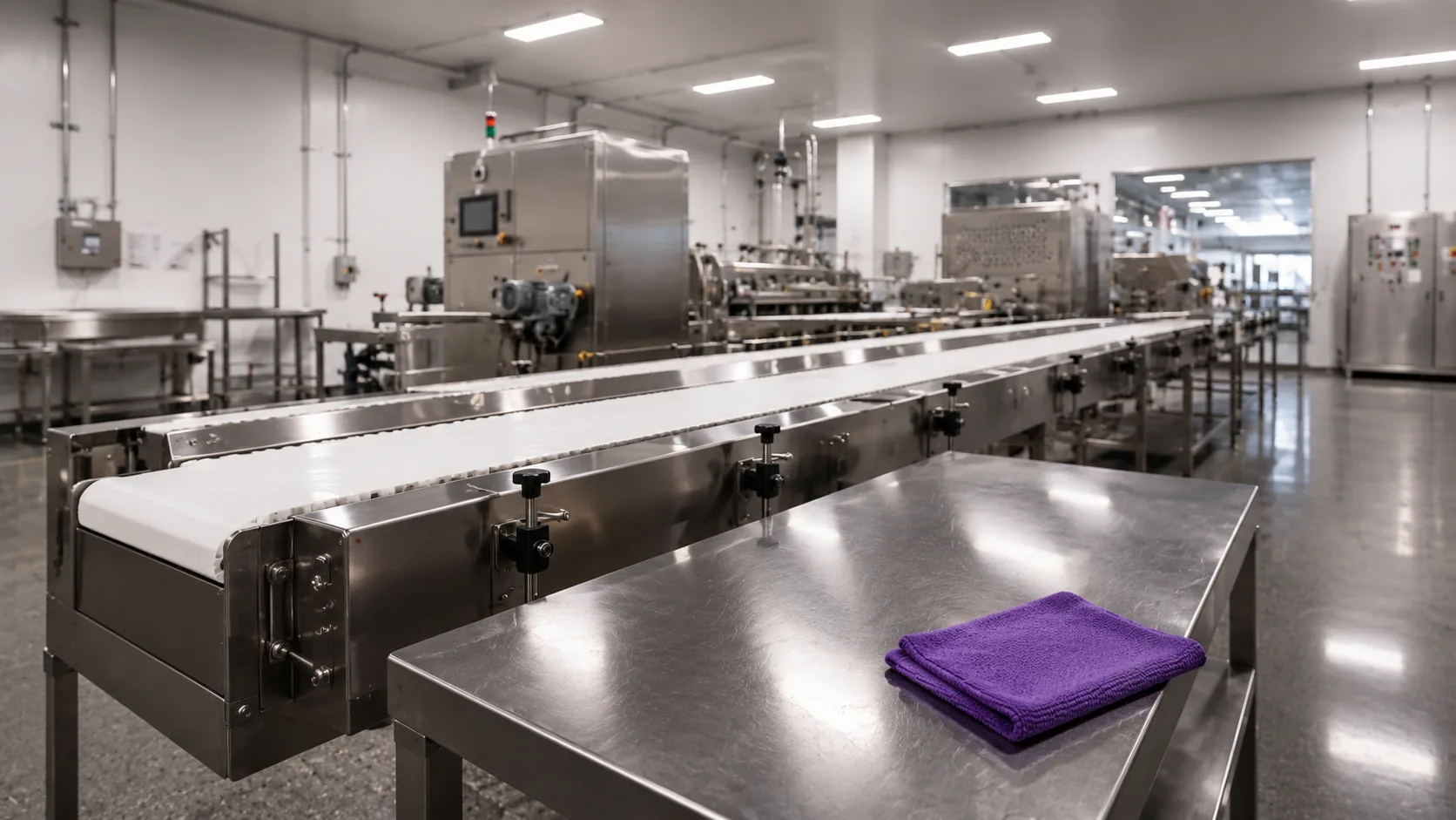 Spotless stainless steel food production line in a factory