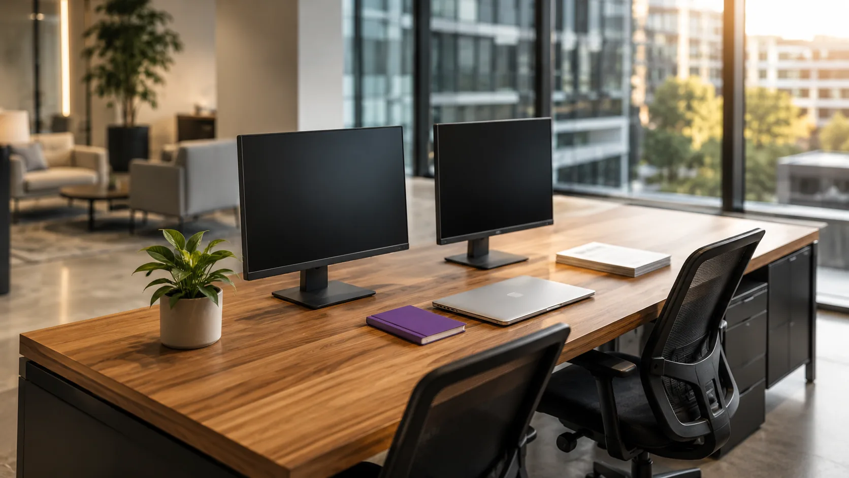 Clean modern office with desks, monitors and a city-view window