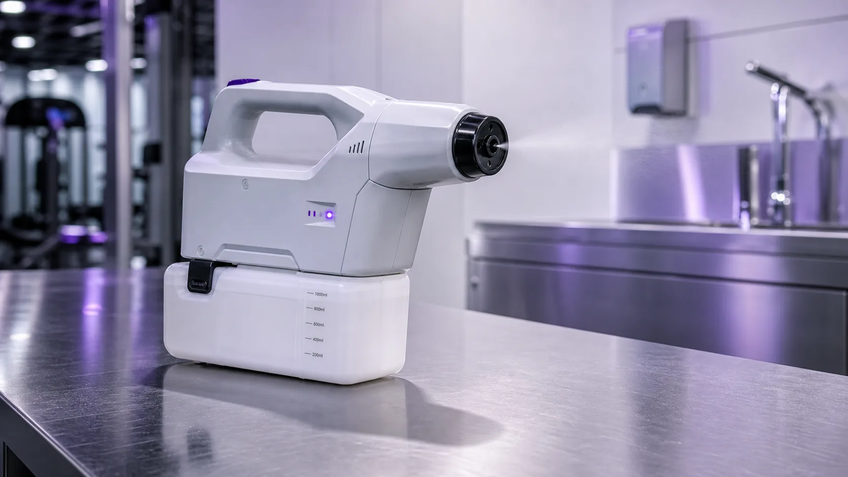 Electrostatic disinfection sprayer on a stainless steel bench