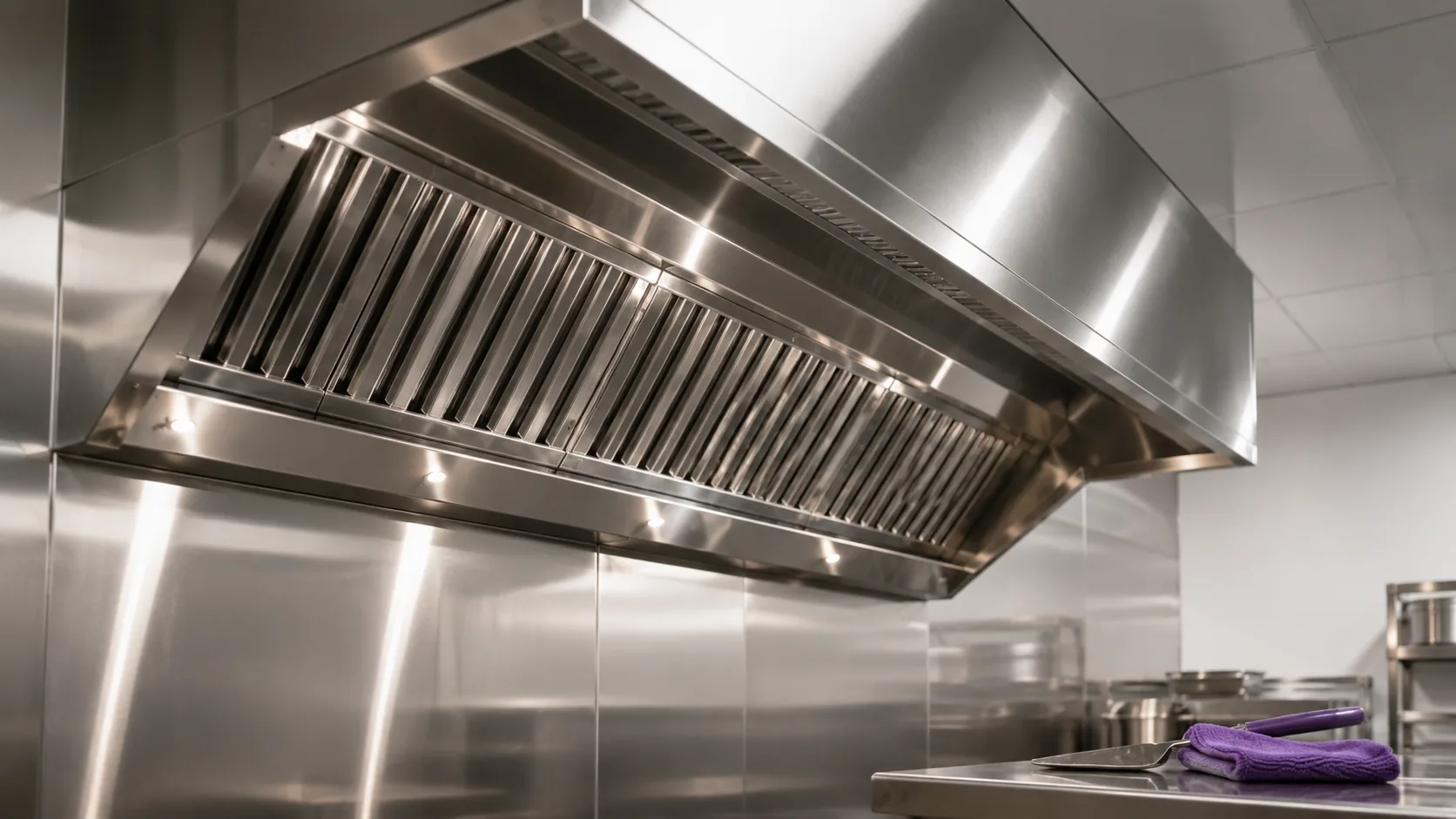 Spotless stainless steel commercial kitchen canopy and benches