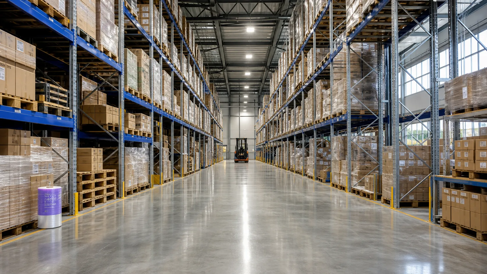 Clean warehouse aisle between tall pallet racking with a polished floor