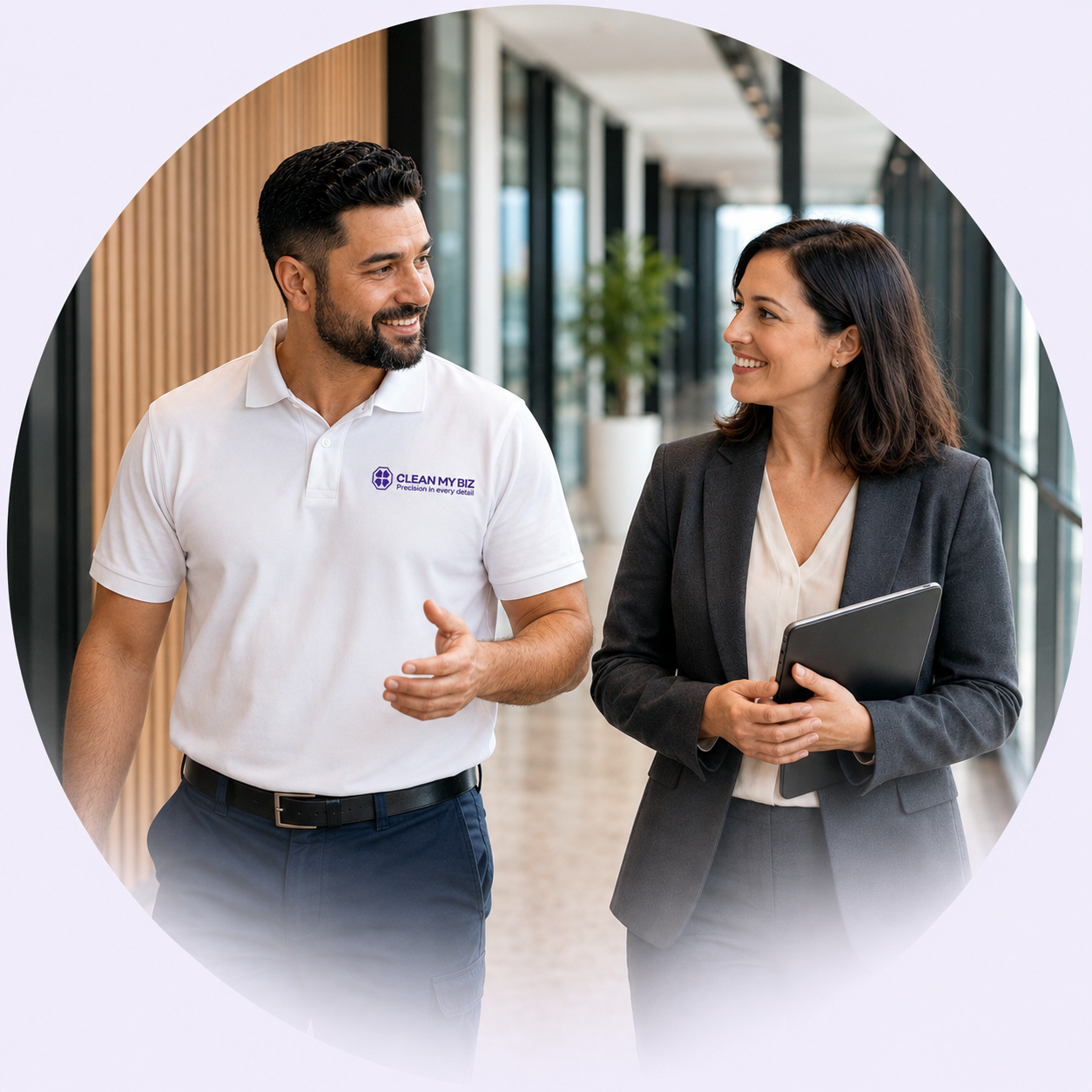 Clean My Biz operator in a white branded polo walking through an office corridor alongside a facility manager in a charcoal blazer holding a tablet, both mid-conversation with relaxed smiles.